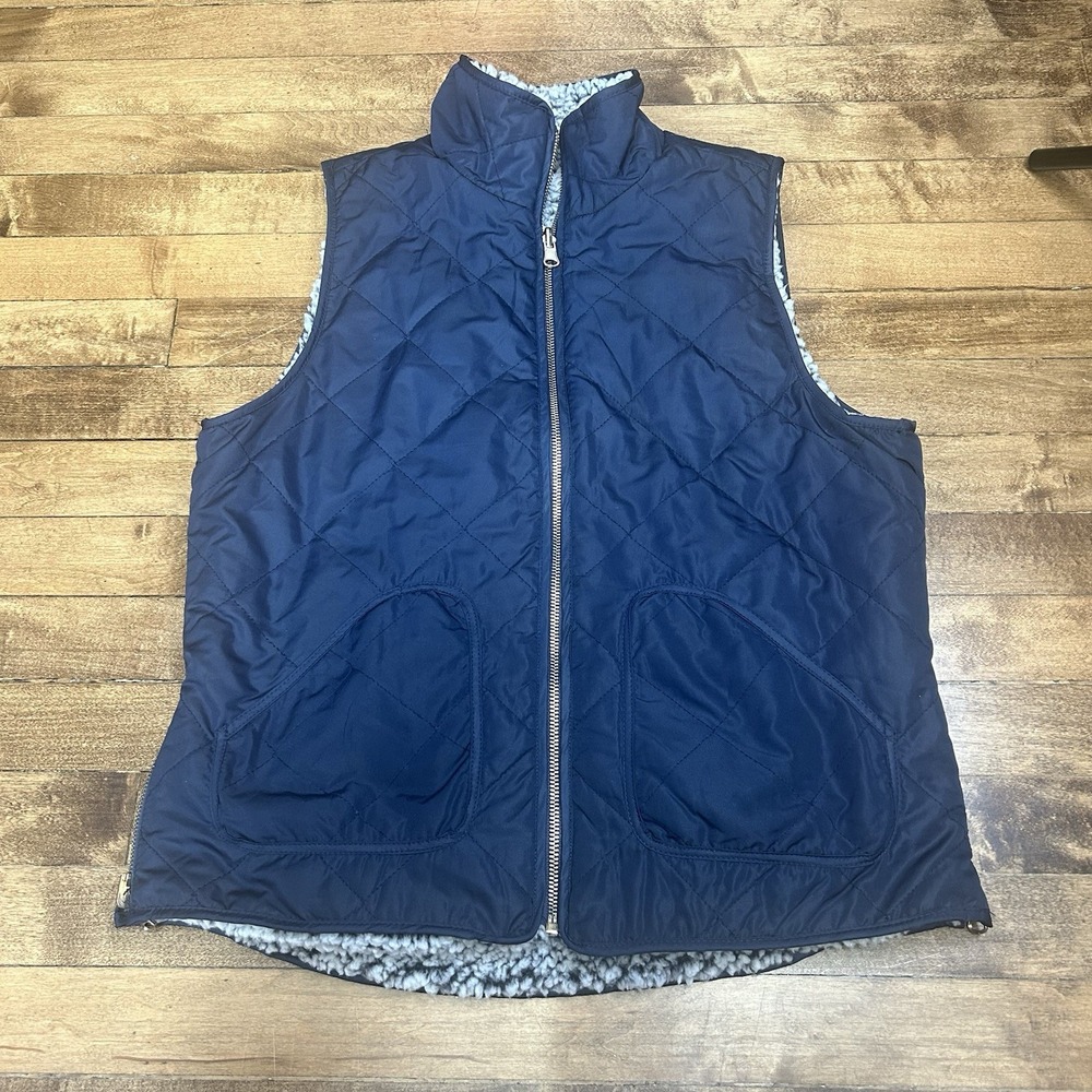 Reversible Quilted Vest Navy Sherpa Fleece Pockets Zip Front Women's Medium